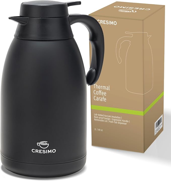 Cresimo 68 Oz Stainless Steel Black Thermal Coffee Carafe/Double Walled Vacuum Flask / 12 Hour Heat Retention / 2 Liter Tea, Water, and Coffee Dispenser