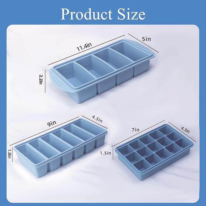 3-Pack Silicone Freezer Trays with Lid,4 Large 1-Cup(250ml)&6 Medium 1/2-Cup(125ml)&15 Small 2 Tbsp(30ml) Soup Freezer Container Molds,Ice Cube Tray For Meal Prep&Freezing Soup,Herbs (Blue 3 Pack)