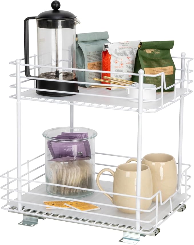 Household Essentials Glidez Steel Pull-Out/Slide-Out Storage Organizer with Plastic Liners for Under Cabinet or Wire Shelf Use - 2 -Tier Design, White