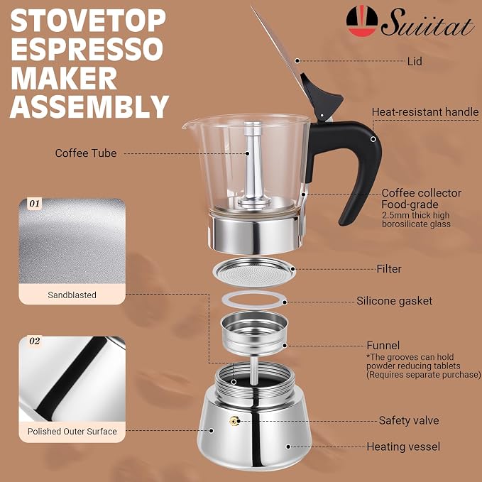 Induction Moka Pot, 4 Cups (7.1 oz) Crystal Glass-Top & Stainless Steel Moka Pot, Classic Stovetop Espresso Maker, Silver