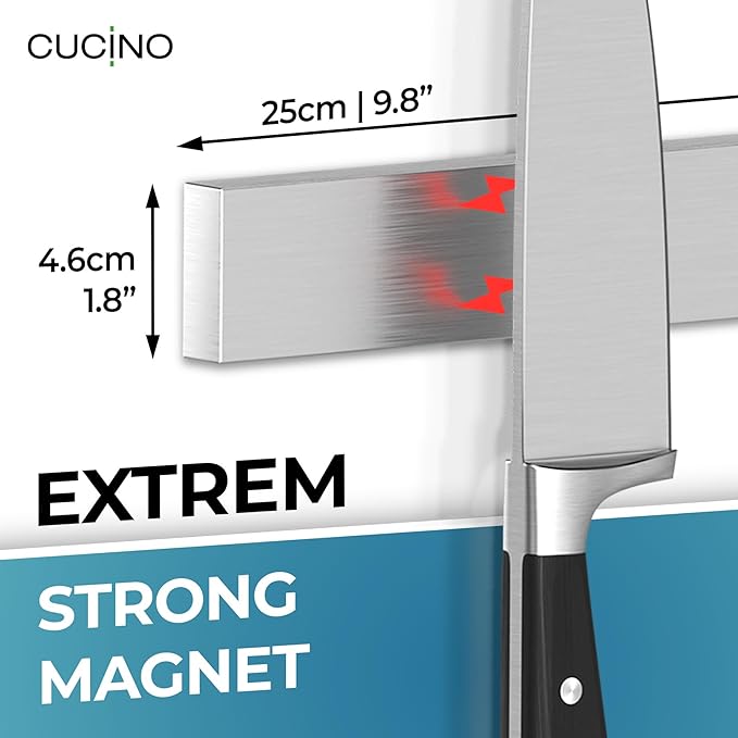 CUCINO Magnetic Knife Holder for Wall 10" No Drilling incl. Self Adhesive Tape - Extra strong Magnet - Awarded Strip - Made of Stainless Steel
