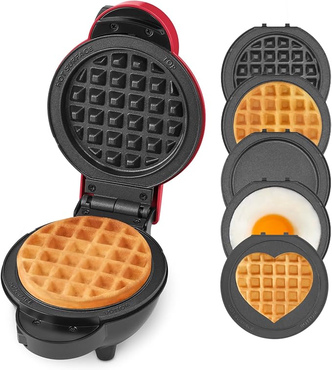 Dash MultiMaker® Mini System - Compact Waffle Maker for Family Breakfasts - Removable Griddle Plates & nonstick surface - 5 Plates - Red