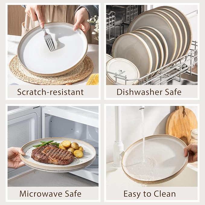 Ceramic Dinnerware Sets for 4-12 Piese Plates and Bowls Set, Microwave and Dishwasher Safe Stoneware, Ribbed Dishes and 22oz bowls, Beige