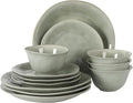 Gibson Elite Port Barton Plates and Bowls Sets, 12-Piece Stoneware Dinnerware Sets, Reactive Glaze Dish Set - Green