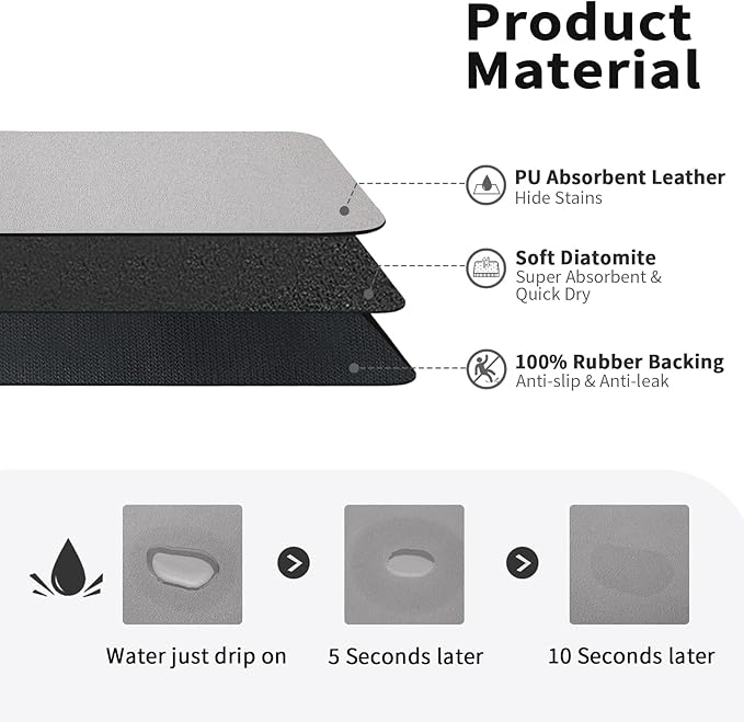 HotLive Dish Drying Mat for Kitchen Counter, Heat Resistant Drainer Mats with Non-slip Rubber Backed, Hide Stain Kitchen Super Absorbent Draining Mat, Easy to Clean Dish Rack Pad, Grey 16"x20"