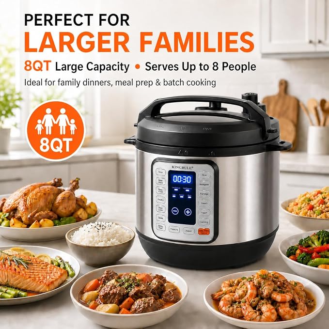 KINGBULL 8QT Electric Pressure Cooker, 12-in-1 Stainless Steel Multi Cooker with Nonstick Inner Pot, Slow Cooker, Rice Cooker, Steamer, Sauté, Yogurt Maker, Warmer, Delay Start