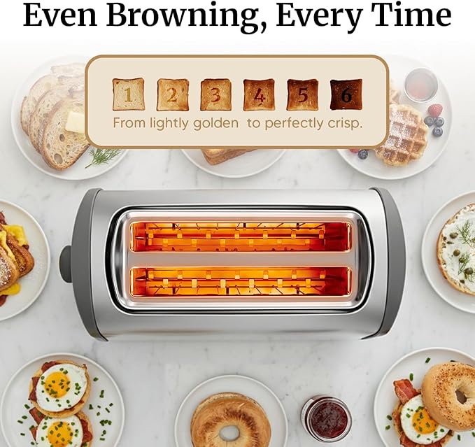 Elite Gourmet Digital Long Slot 4-Slice Toaster – Touch Screen LED Display, Extra Wide 1.5” Slots for Artisan & Bagel Bread, 6 Browning Levels, Defrost & Reheat, Stainless Steel Modern Design