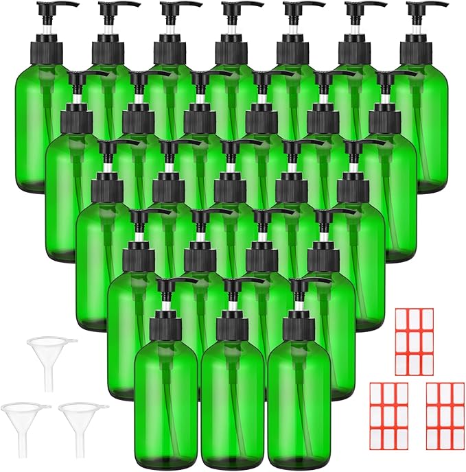Tanlade 24 Pcs 8 oz Glass Pump Bottle Empty Bottle Glass Soap Dispenser with Pump Refillable Containers and Labels Funnels for Essential Oils Cleaning Products Lotions Conditioner(Green)