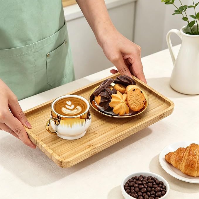 6 Pack 3.2oz Espresso Cups with Saucers, White Porcelain with Gold Electroplated Brushstroke Rim, Ceramic Coffee Cup Set, Dishwasher Safe, for Espresso, Latte, Afternoon Tea, Home Decor & Gifting
