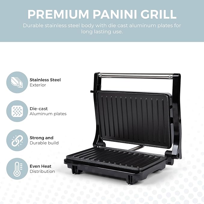 Alpha Living Electric Griddle Panini Press Sandwich Maker – Stainless Steel Panini Grill Press Sandwich Maker with Aluminum Griddle – Non-Stick Coating – 180-Degree Hinge for Thick and Thin Foods