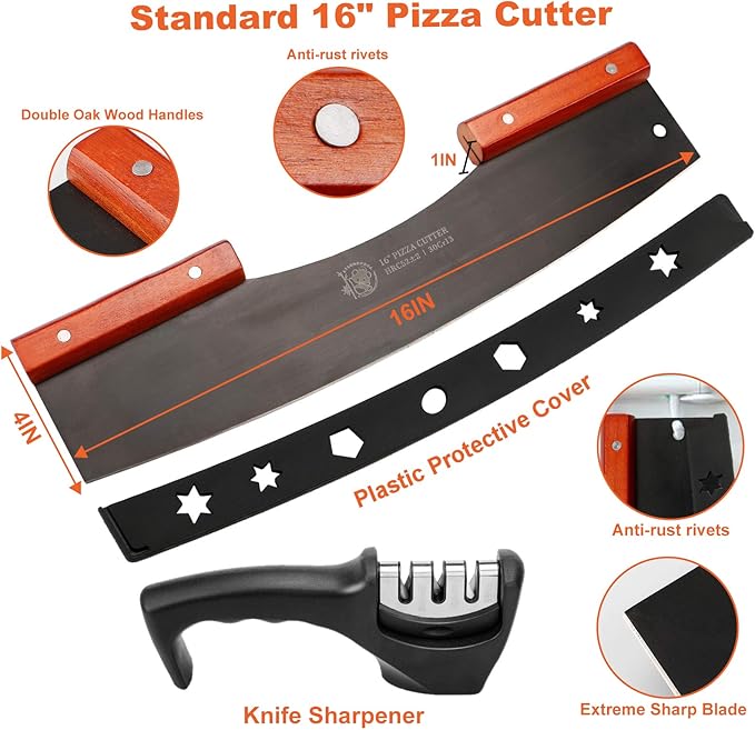 AILUROPODA Pizza Cutter Rocker with Knife Sharpener & Protective Cover 16" Large Pizza Rocker Cutter Sharp Pizza Slicer 30Cr13 Stainless Steel Pizza Knife (Black)
