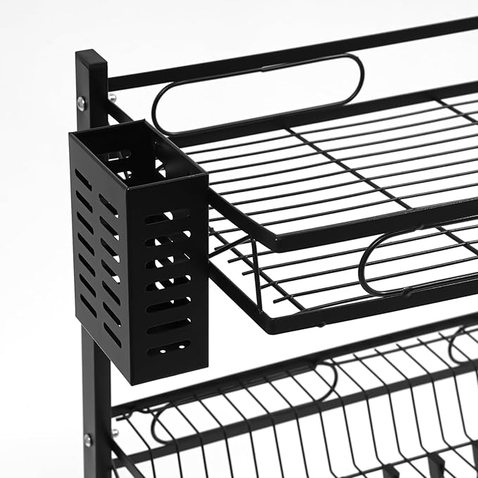 2-Tier Over Sink Dish Drying Rack, Multifunctional Kitchen Rack Extra Large Extendable Dish Rack Carbon Steel Over Sink Dish Rack with 8 Hooks for Kitchen Counter (32in)