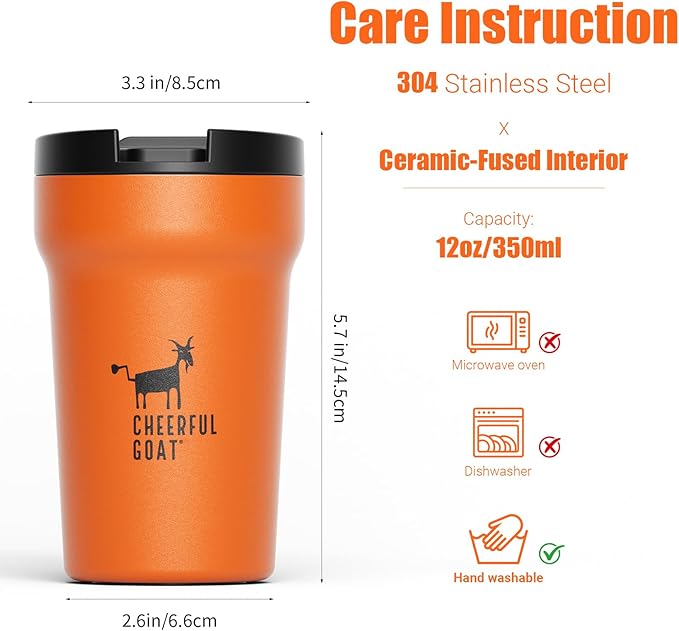 CHEERFUL GOAT Insulated Coffee Mug – Stainless Steel Travel Coffee Tumbler with Ceramic Liner, 12oz Coffee Cup for Hot and Cold Water Coffee at Home, Office, or On the Go (orange)