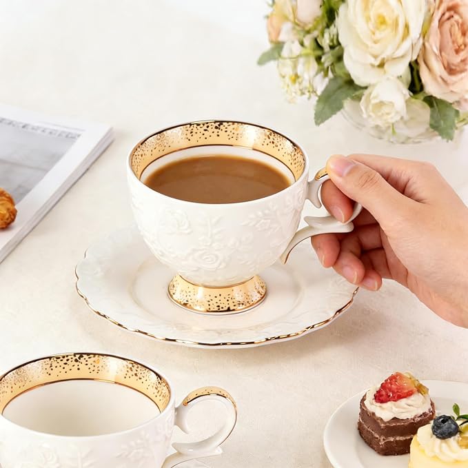KAMMAK Tea Cups and Saucers Set of 2, 6.7oz Porcelain Coffee Cups with Saucers, Ceramic Espresso Mugs for Coffee, Latte, Americano, Tea, Elegant Teacup and Saucer (YFH15)