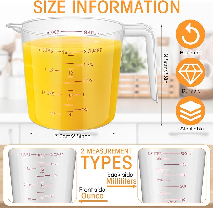 Kanayu 36 Pcs Plastic Measuring Cup Clear Measuring Mug with Spout and Handle Grip Capacity Clear Graduated Pitcher for Kitchen Flour Water Liquids(Red,16 oz, 2 Cups)