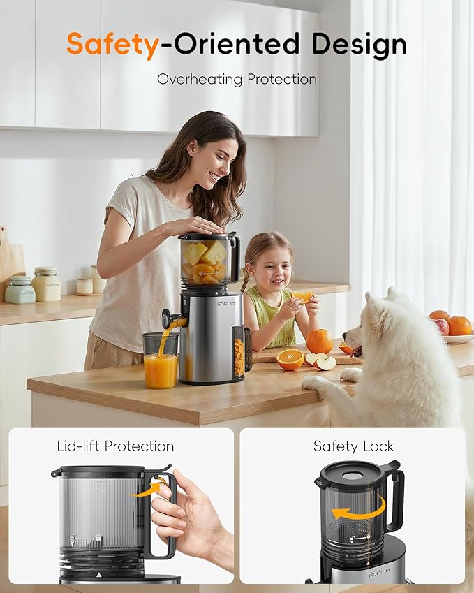 FORLIM Juicer Machine, 250W Motor with 136mm Wide Mouth, Slow Masticating Cold Press for Maximum Juice, Easy to Assemble & Clean Removable Parts, Home Kitchen Appliance, Polished Silver
