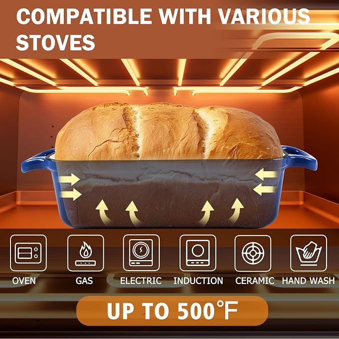 9 x 5 Inch Bread Pan Enameled Cast Iron Loaf Pan with Lid for Baking, 2 in 1 Non-stick Sourdough Bread Loaf Pan for Homemade Bread, Oven & Stovetop Safe for Gas, Electric & Induction, Blue