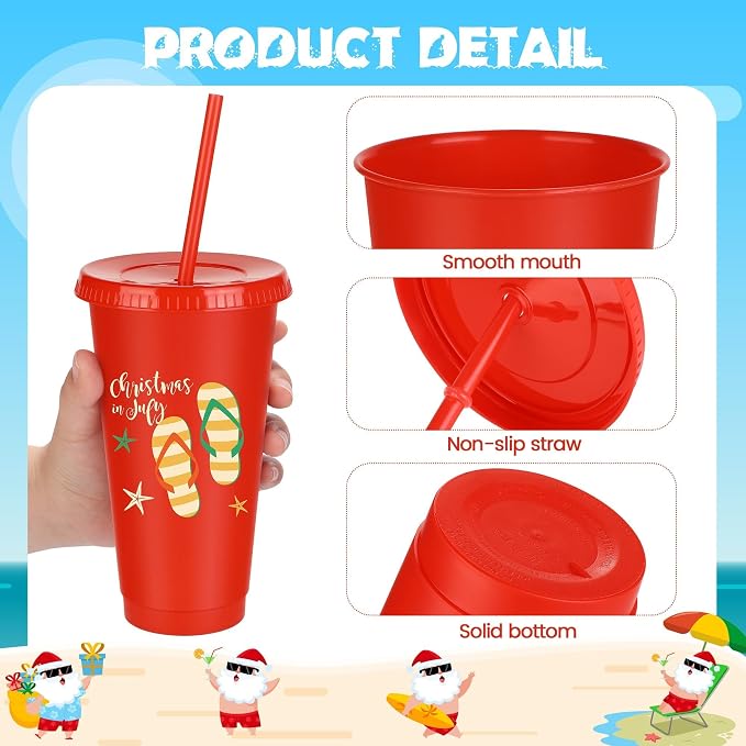 Kochorie 24 Pcs Christmas in July Plastic Cups 24 Oz Reusable Summer Christmas Party Cups with Lids and Straws Thick Plastic Tumbler Bulk for Summer Christmas Party Supplies