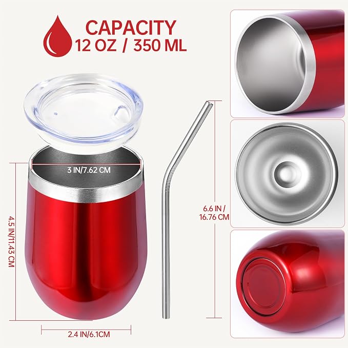 Volhoply 12oz Stainless Steel Wine Tumbler with Lid Bulk 8 Pack,Double Wall Vacuum Stemless Wine Glasses,Reusable Metal Travel Coffe Mug with Straw,Insulated Cup Gifts for Women,Christmas（Red,8 Set）