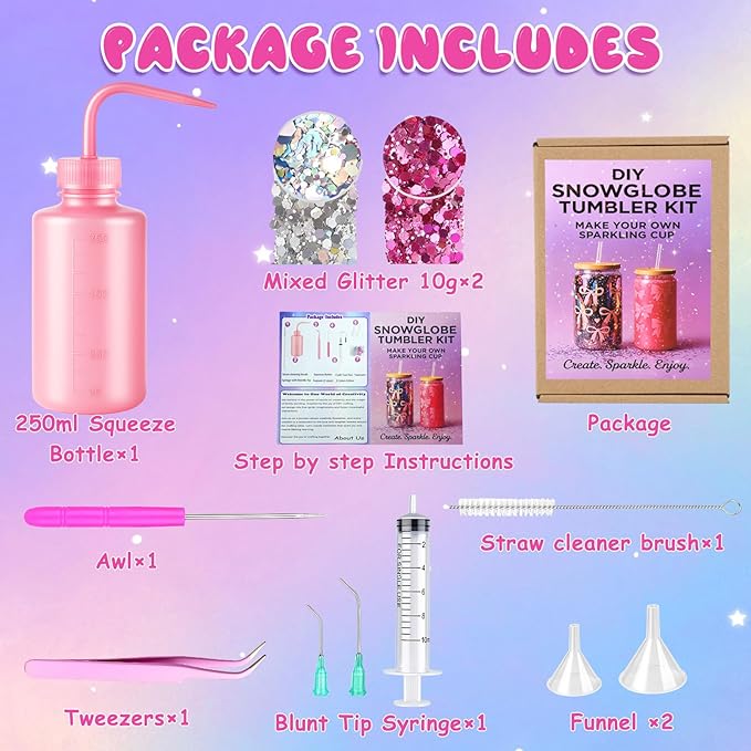 kiddgroo Snow Globe Tumbler Supplies – 11 Pcs DIY Glitter Snowglobe Tumbler Craft Supplies Starter Kit, Accessories Only (Cup Not Included)