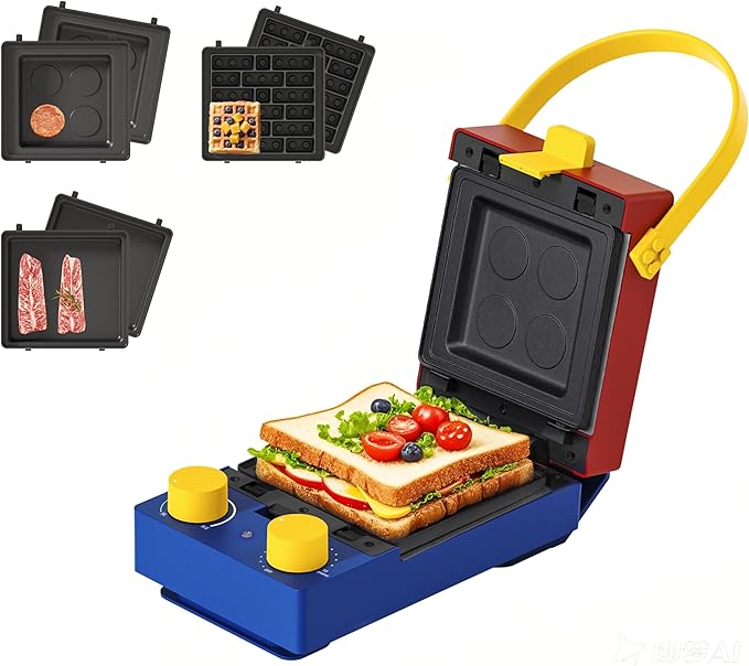 CANDY 3-in-1 Waffle Maker Panini Press, Grilled Sandwich Maker with Removable Plates, Compact & Portable Mini Toaster, Fast Double Heating, Unique Block-Style Design, Great for Breakfast or Snacks