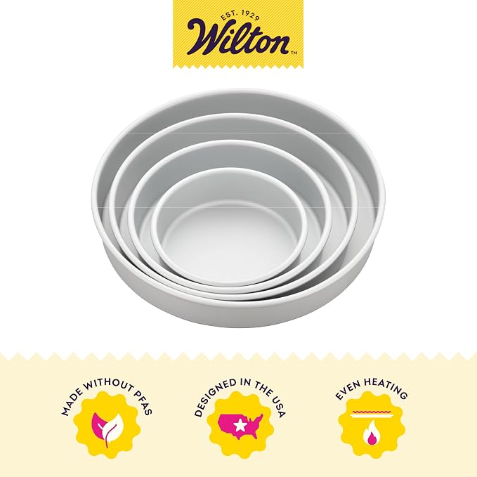 Wilton Aluminum Bakeware Round Tiered Cake Pan Set - Made from Natural Anodized Aluminum - Durable Cake Pans with Even Heat Distribution - Reduces Over-Baking - 6, 8, 10 & 12 Inch (Pack of 4)