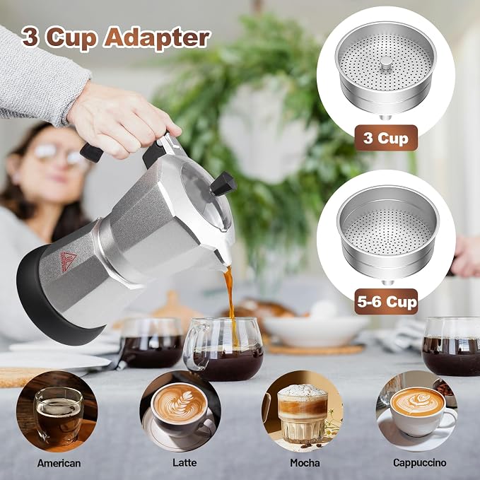 Electric Aluminum Moka Pot 3-6 Cup 150-270ml Espresso Maker with Detachable Base Ideal Coffee Makers for Home MochaPot Italian and Cuban Café Coffeemaker Espressomaker CoffeePot Silver