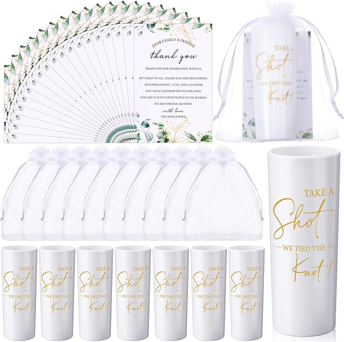 Sliner 100 Set Wedding Favors for Guests Bulk 2oz Acrylic Take a Shot We Tied the Knot Shot Glasses with Thank You Cards Organza Bags for Guest Souvenir Wedding Bridal Shower Gifts (White,Gold)