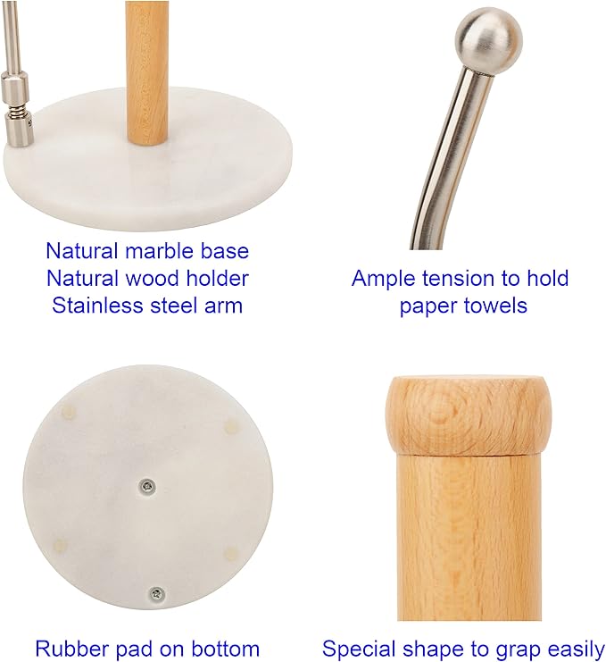 Spiretro Elegant Marble & Wood Paper Towel Holder – Real White Marble Base, Natural Wood Rod & Stainless Steel Tension Arm – Jumbo Roll Compatible – 7.75" W x 7.75" D x 13.25" H