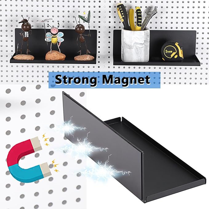 Kokone 6 Pack Magnetic Pegboard Shelves with Lip Around The Edge, 10x4.3 Inch Metal Peg Board Shelves Accessories for Storing or Displaying, Wall Pegboard Steel Tray for Garage Workshop Craft Room