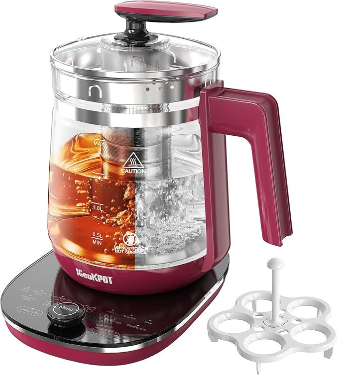Hot Tea Maker Glass Electric Kettle With Tea Infuser And Temperature Control, 1.5L Stainless Steel, 1200W Rapid Boiling, Programmable Control For Your Favorite Teas And Coffee, Red