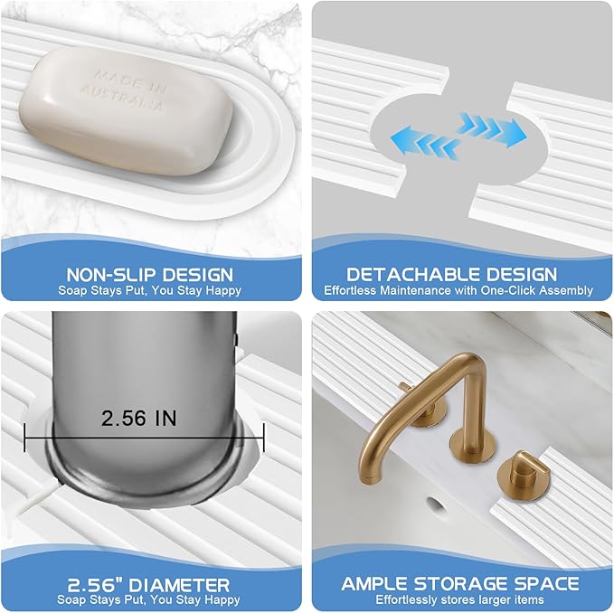 Stone Faucet Mat for Kitchen Sink, Water Absorbent Fast Drying Stone Tray for Sink , Quick Dry Diatomite Splash Guard for Bathroom Counter to Prevent Moisture Buildup, 23.6" x 4", White