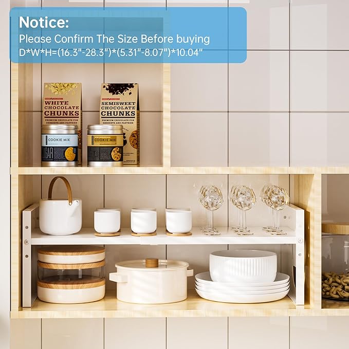 Fun-Face Expandable Cabinet Shelf Organizer,Adjustable Height & Width, Stackable Metal Storage Rack,Kitchen Spice Rack, Pantry Shelf, Countertops (1, White)
