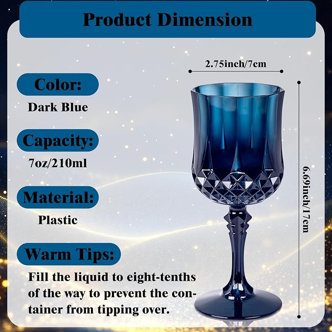 Ciaell 24PCS Blue Plastic Wine Glasses - 7 Oz Plastic Goblets for Party - Blue Vintage Drinking Glasses - Disposable Water Goblets Set for Wedding, Bar, Wine, Beer, Juice