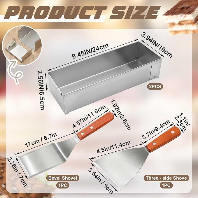 Blushtier 2 Pcs Nonstick Rectangle Tiramisu Cake Pan with Acrylic Lid and 2 Metal Spatula Removable Frame 304 Stainless Steel Cake Baking Molds for Tiramisu Cheesecake Mousse (9.45 x 3.94 x 2.56 Inch)