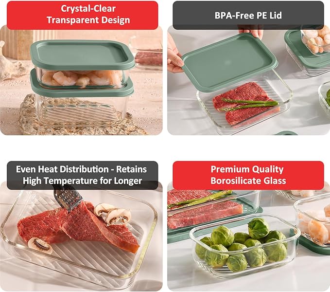EATEX Grooved Base Glass Meal Prep Containers, 7 Pack Glass Storage Containers with Lids for Meal Prep & Lunch, Microwave Oven Freezer Dishwasher Safe, Anti Moisture Non-Stick Design - Sage Green