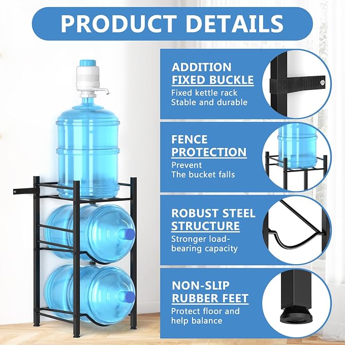 Small 5 Gallon Water Jug Holder, 3 Tier Water Jug Stand Holder with 1 Dispenser Valves, 5 Gal Water Bottle Storage Rack Organizer for Kitchen, Office, Garage