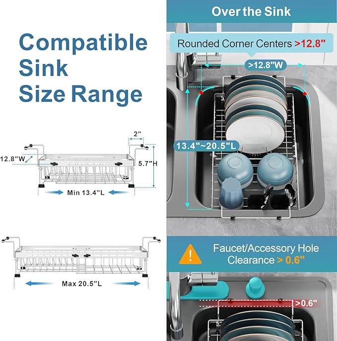 GSlife Expandable Dish Drying Rack for Large Sink- Stainless Steel Over the Sink Dish Drainer with Silicone Sink Protector and Locking Knob for Kitchen, 12.8" W x 13.4"-20.5" L, Silver