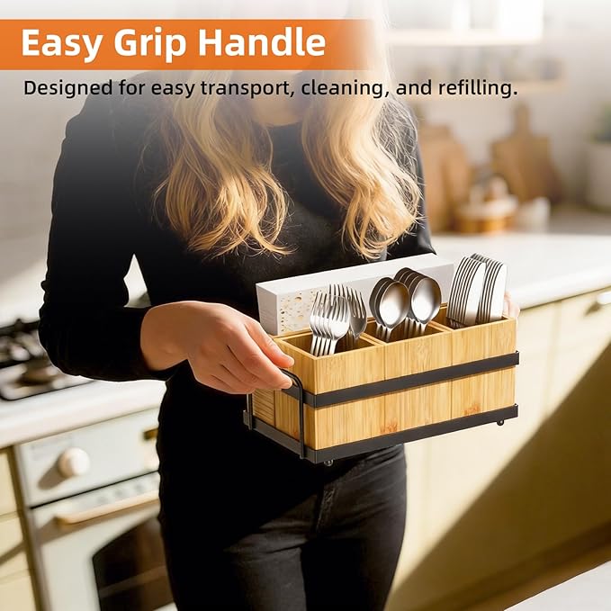 Silverware Caddy for Party, Silverware Holder with 4 Removable Compartments for Countertop Organizing Utensils, Paper Plates, Flatware, Wood Sevring Caddy