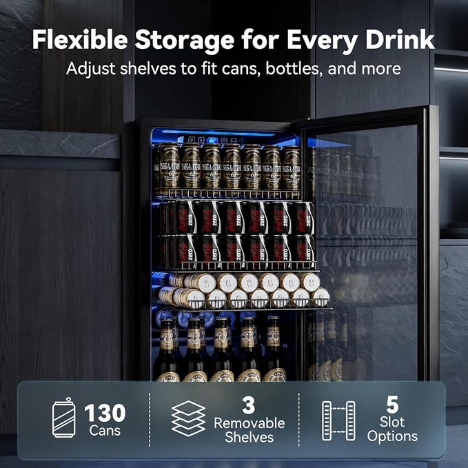 Manastin Beverage Refrigerator Cooler-130 Cans Freestanding Mini Fridge Cooler with Glass Door, Adjustable Shelves & Digital Temperature Display for Soda, Wine or Beer (Black, 3.2 Cu.Ft)