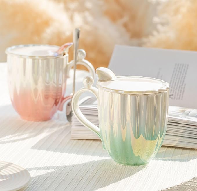 Pearl Ceramic Coffee Mug for Tea Latte Milk Cute Love Shape Cup for Home Office Women Gift 6.5 oz (Shell Pink, 420 ml)