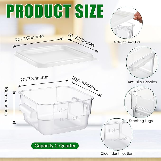FoldTier 2 Pieces Square Food Storage Containers Polycarbonate Clear food Container with Lid Commercial Storage with Graduations for Commercial Kitchen Dough Marinating Meat(White,2 Qt)