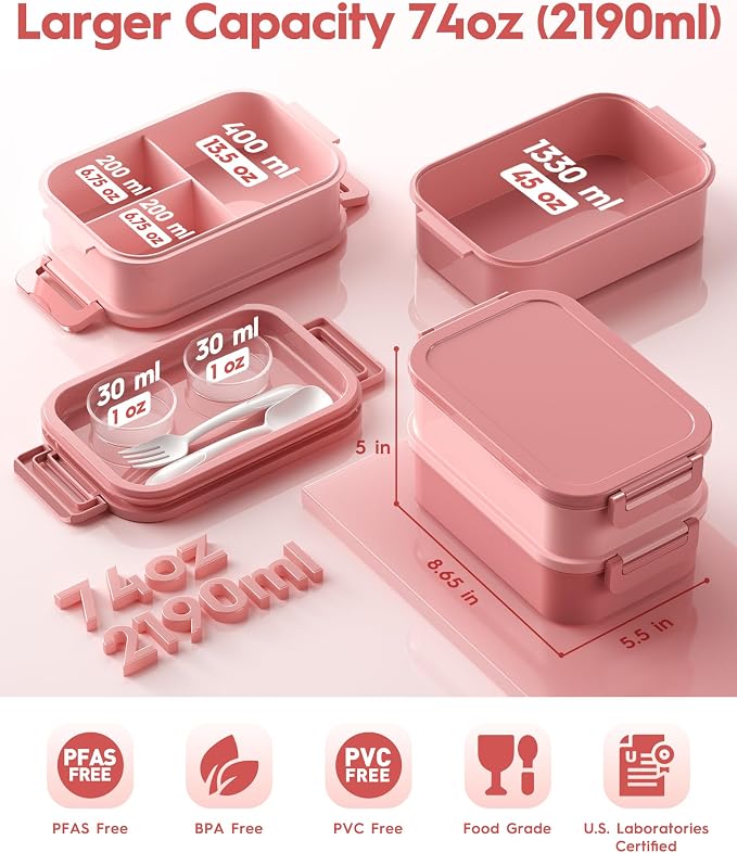 Adults Bento Box with Insulated Lunch Bag, 74oz Capacity 3 Stackable Leak-Proof Bento Box Built-In Utensil and Sauce, PFAS & BPA-Free, Microwave & Dishwasher Safe (Rose Pink)