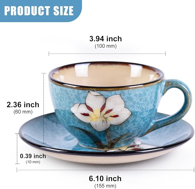 8 Oz Floral Porcelain Cappuccino Cups with Saucers Set of 4, Stoneware Tea Coffee Mugs for Home Kitchen & Office, Dishwasher Microwave Oven Safe, for Espresso, Latte, Americano, Milk & Tea, Blue