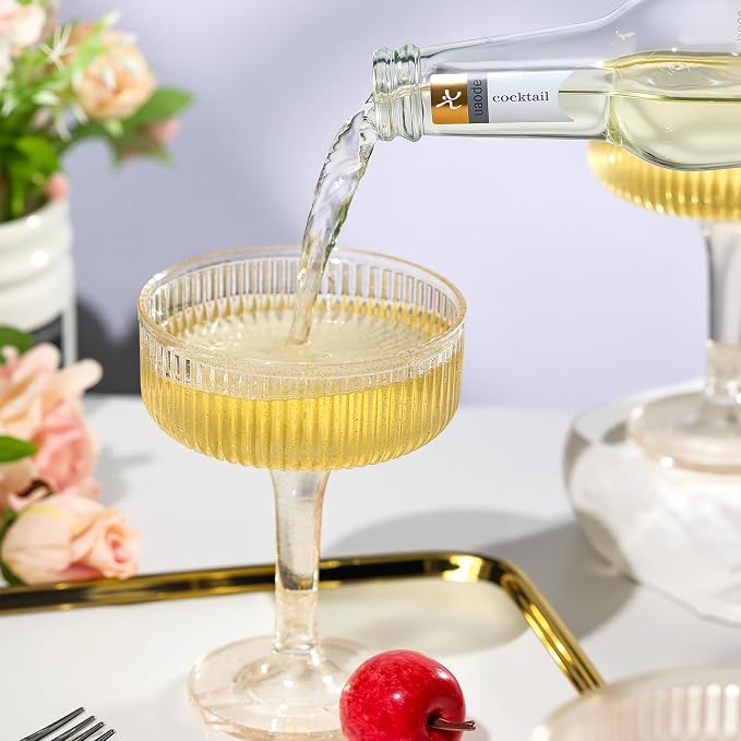 Goodluck 4-Tier Champagne Glasses - 20 PCS 7oz Glitter Gold Plastic Champagne Flutes,Plastic Coupe Glasses with Vertical Stripes for Weddings, Celebrations, Parties & Birthdays