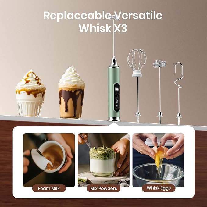 YUSWKO Milk Frother Wand for Coffee, Coffee Frother Handheld Drink Mixer | Rechargeable Mixer Wand, Waterproof Electric Whisk for Protein Powder, Lattes, Cappuccino, 3 Variable Speeds 3 Whisks,Granite
