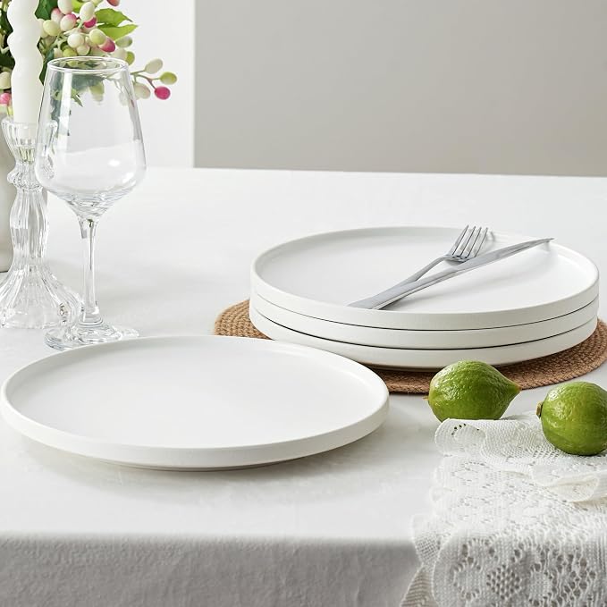 Ceramic Dinner Plates, 10.25 Inch, Set for 4, Modern White | Flat Dish Design, Microwave & Dishwasher Safe, Perfect for Family and Entertaining, For Steak, Sandwiches, Pizza, Pasta