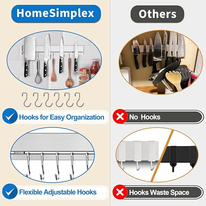 17 Inch Magnetic Knife Holder for Wall No Drill/Drill with 12 Hooks-Strong Adhesive Double Bar Knife Magnetic Strip-Kitchen Utensil Holder-304 Stainless Steel Magnetic Knife Block