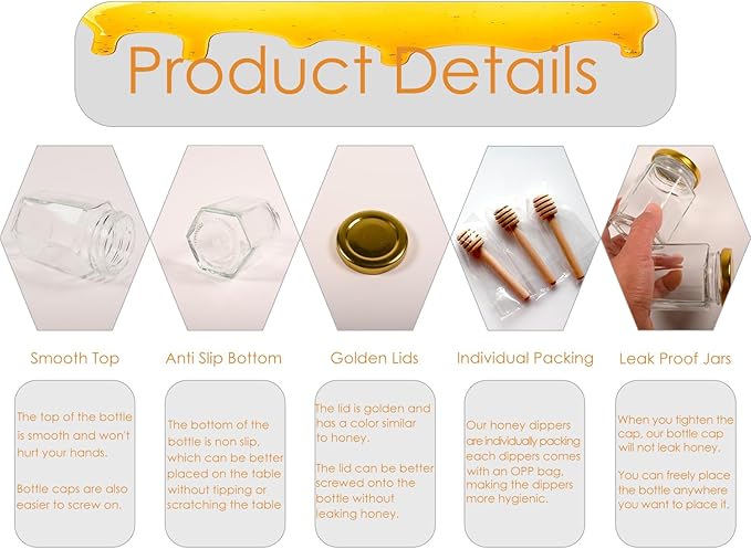 Adabocute Honey Pot, Glass Honey Jars with Wood Dipper, Gold Lid, Bee Charms, Gold Organza Bags, Thank-you Tags, Ideal for Bee Party Favors, 4oz 12 Pack