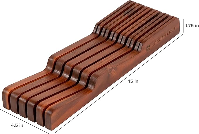 KitchenEdge Acacia Wood Kitchen Knife Block Holder Organizer - Holds 5 Long + 6 Short Knives (Not Included), Fits Most Knife Sizes, Rubber Feet, Premium Food-Safe Finish, In-Drawer Design (Pack of 2)